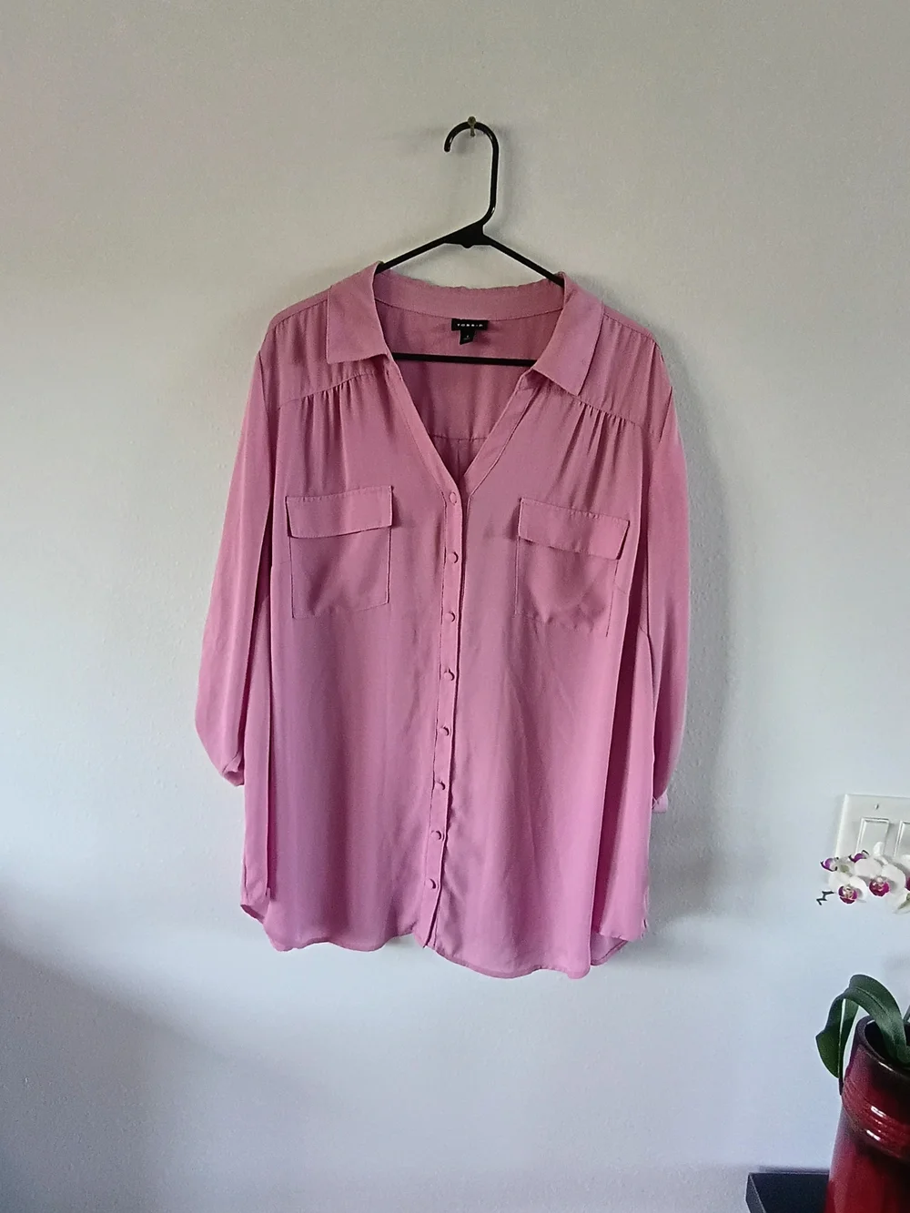Torrid Pink Button Front Blouse Plus Size 4 Roll Tab Sleeve Career Top